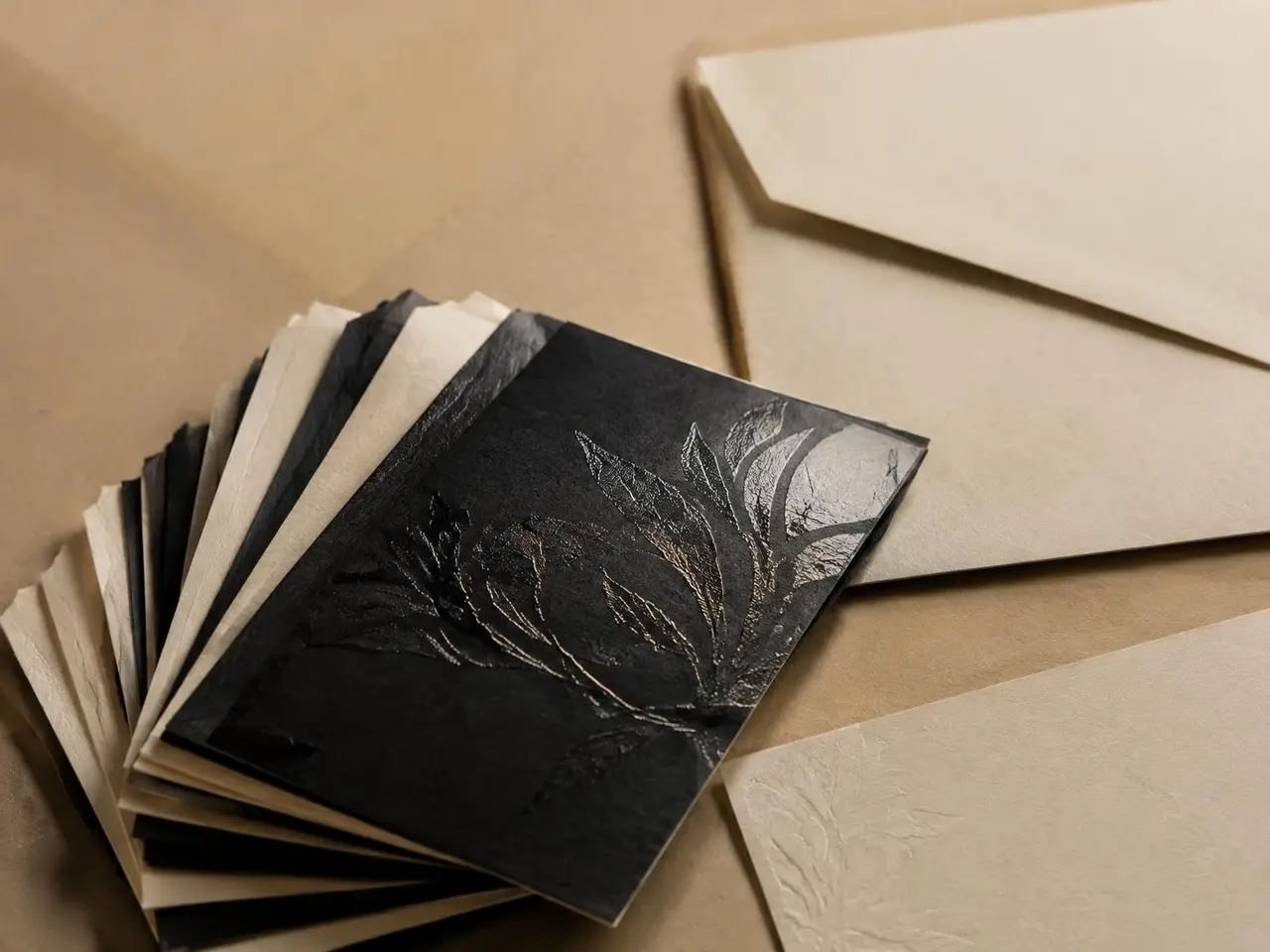 Fanned black and cream cards with spot varnish detail