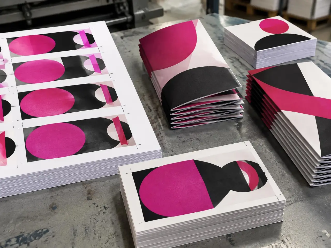 Stacks of printed flyers, brochures and postcards with crop marks
