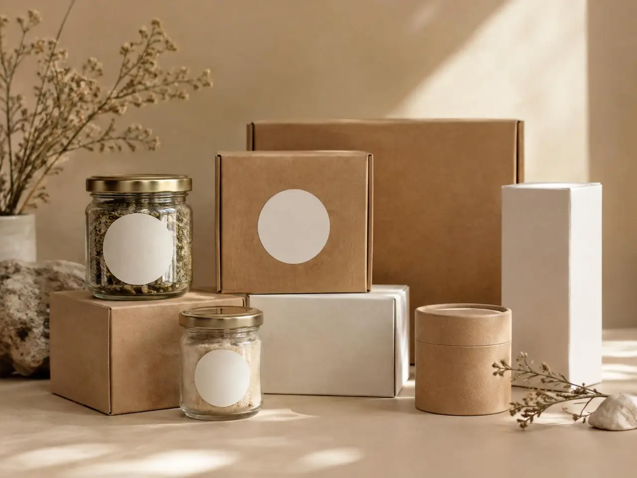 Plain kraft and white boxes with blank round labels